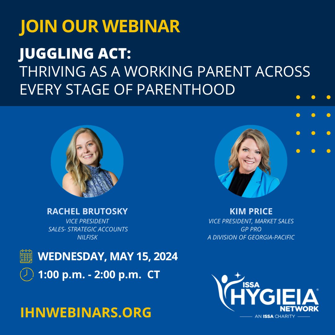 Calling all working parents! Join Hygieia's next webinar on May 15th. Tune into this group session designed specifically for working parents like you in the cleaning and facility solutions industry. Register today: bit.ly/3vMzUtd