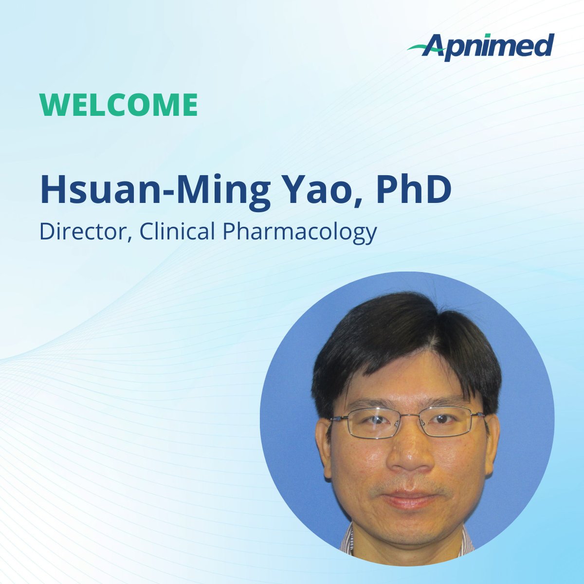 Hsuan-Ming Yao, PhD joins Apnimed as Director, Clinical Pharmacology. He’ll lead the design, implementation & interpretation of #ClinicalPharmacology studies that will support the development & regulatory approval of new #sleepdisorder therapies.

#Welcome Hsuan-Ming!

#newjob
