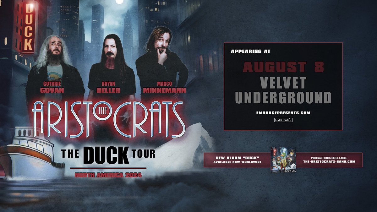 JUST ANNOUNCED: Virtuosic rock trio #TheAristocrats play a distinctive mix of instrumental prog rock, jazz fusion, heavy metal, and funk. Don't miss them when they make their stop at Velvet Underground on August 8th! On sale: Fri Apr 19th | 12pm RSVP: tinyurl.com/2xa9h8s9