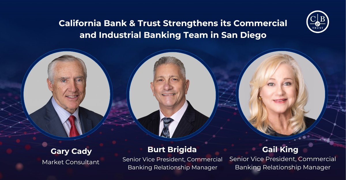 We're pleased to announce the expansion of CB&T's commercial and industrial banking division to support the growing San Diego market. Join us in welcoming Gary Cady, Burt Brigida and Gail King to the team! Read the full press release here: bit.ly/43QTUHO