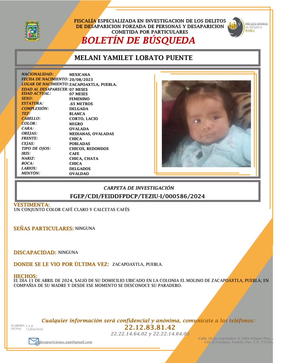 #TeBuscamos 🚨 Iris Magali Puente Hidalgo, de 22 años y su hija Melani Yamilet Lobato Puente, de 07 meses, desaparecieron el 11 de abril de 2024, fueron vistas por última vez en Zacapoaxtla, Puebla. Si tienes información, comunícate al ☎️ 22 12 83 81 42 o al 911