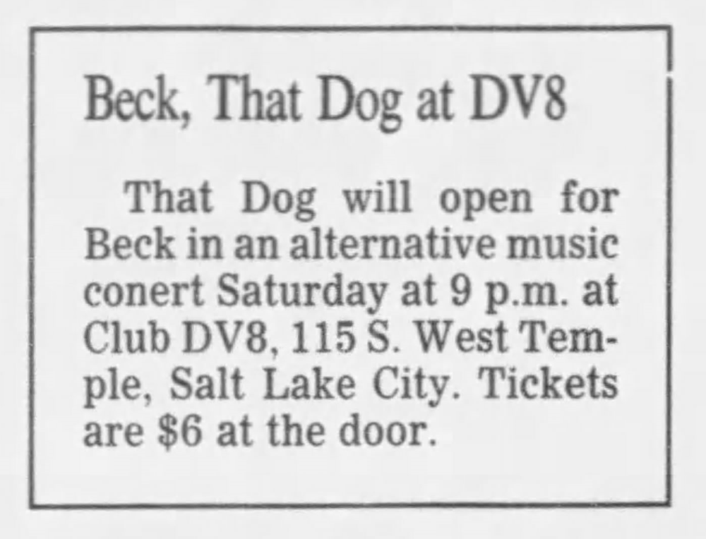 April 16, 1994 #OTDBeckHistory1994
Beck and the band played Club DV8 in Salt Lake City, Utah with Lync and that dog opening.
From the Salt Lake City Tribute April 15, 1994