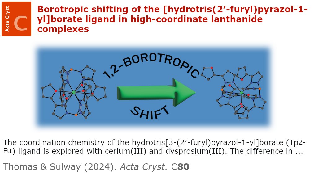 Borotropic shifting of a borate ligand @ActaCrystC @IUCr doi.org/10.1107/S20532… @UNSW @UNSWChemSociety @UNSWScience @CAULalert @unswmwac #lanthanide #highcoordinate #borotropicshift #icosahedral #dysprosium #cerium #scorpionate #crystallography #openaccess