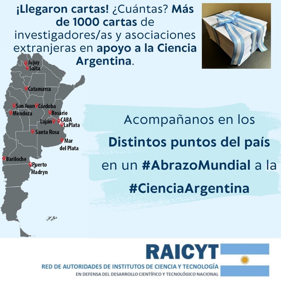 Junto con @ElijoCrecer acompañanos a entregar más de 1000 cartas de apoyo a la CyT de instituciones científicas y colegas de todo el mundo en un gran #AbrazoMundial a la #CienciaArgentina 🗓️ 17 de abril a las 16 h Entrega y lectura de cartas Y Otras sorpresas...