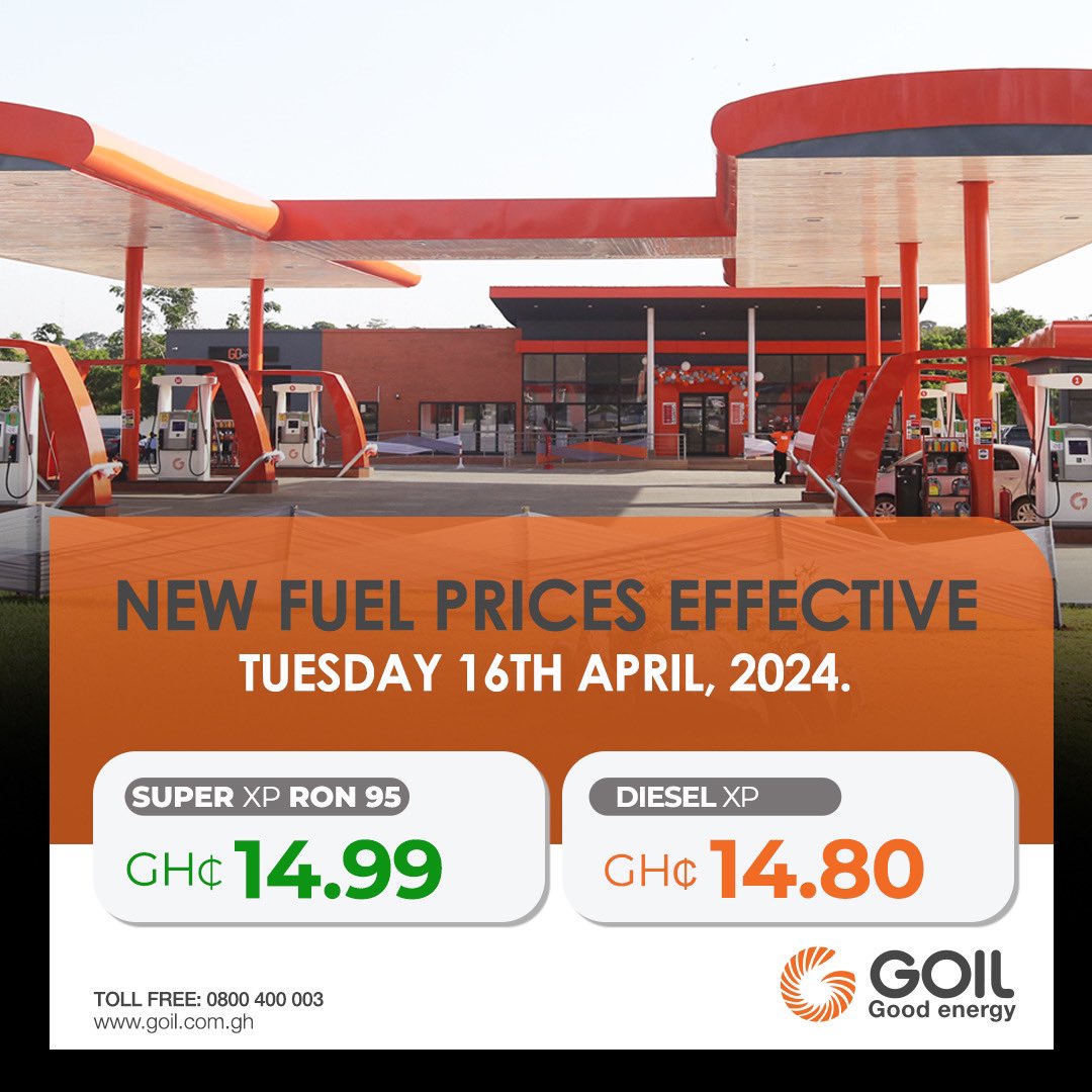 NEW FUEL PRICES EFFECTIVE TUESDAY 16TH APRIL, 2024. SUPER XP RON95 - GHC 14.99 DIESEL XP - GHC 14.80