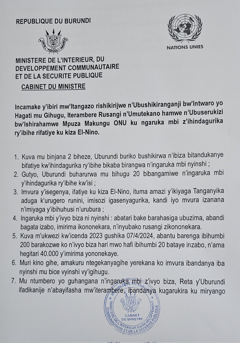 MininterInfosBi's tweet photo. INCAMAKE (MU KIRUNDI) N'ITANGAZO  (MU GIFARANSA) RISHIKIRIJWE NA @MininterInfosBi HAMWE N'UBUSERUKIZI BWA @ONU_fr MU BURUNDI KU VYEREKEYE INGARUKA MBI Z'IBIZA BIVUYE KURI EL NIÑO MU BURUNDI//RESUME (EN KIRUNDI) ET COMMUNIQUE CONJOINT (EN FRANCAIS) DU @MininterInfosBi ET @ONU_fr https://t.co/kA6Kc40aS0