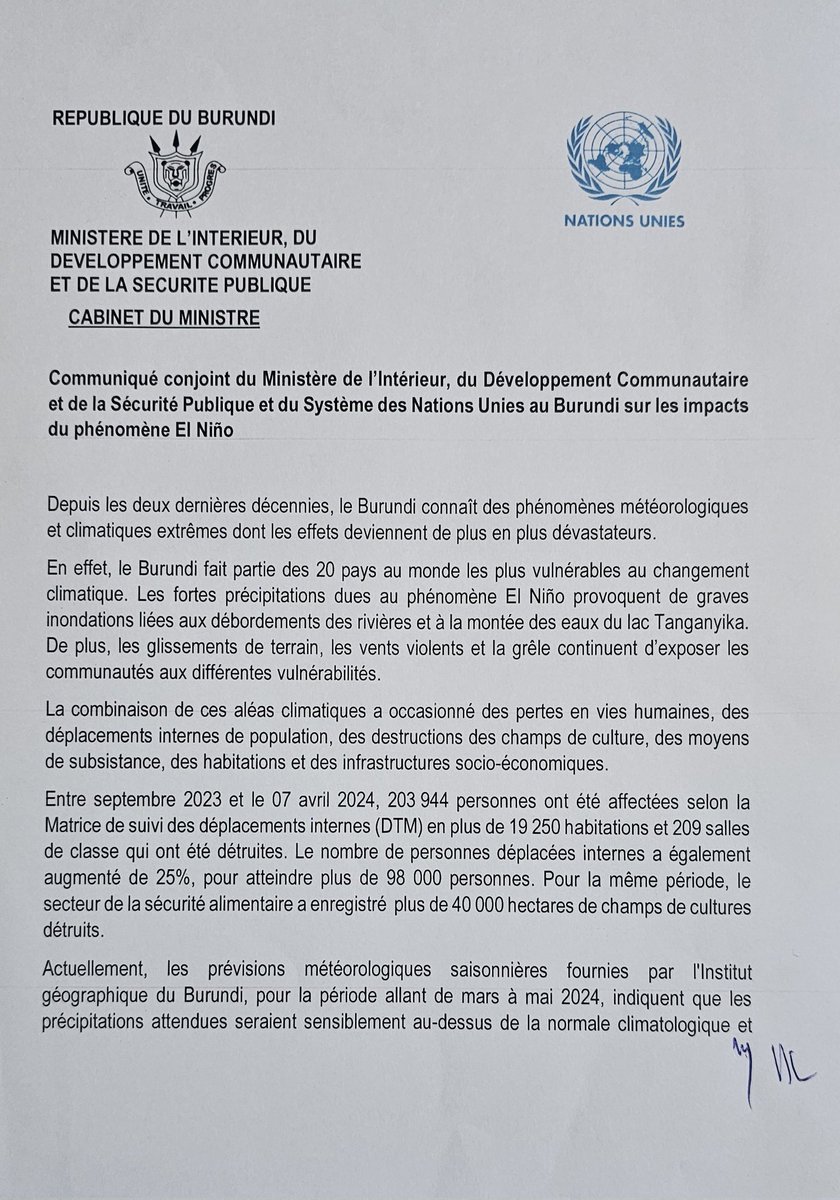 MininterInfosBi's tweet photo. INCAMAKE (MU KIRUNDI) N'ITANGAZO  (MU GIFARANSA) RISHIKIRIJWE NA @MininterInfosBi HAMWE N'UBUSERUKIZI BWA @ONU_fr MU BURUNDI KU VYEREKEYE INGARUKA MBI Z'IBIZA BIVUYE KURI EL NIÑO MU BURUNDI//RESUME (EN KIRUNDI) ET COMMUNIQUE CONJOINT (EN FRANCAIS) DU @MininterInfosBi ET @ONU_fr https://t.co/kA6Kc40aS0