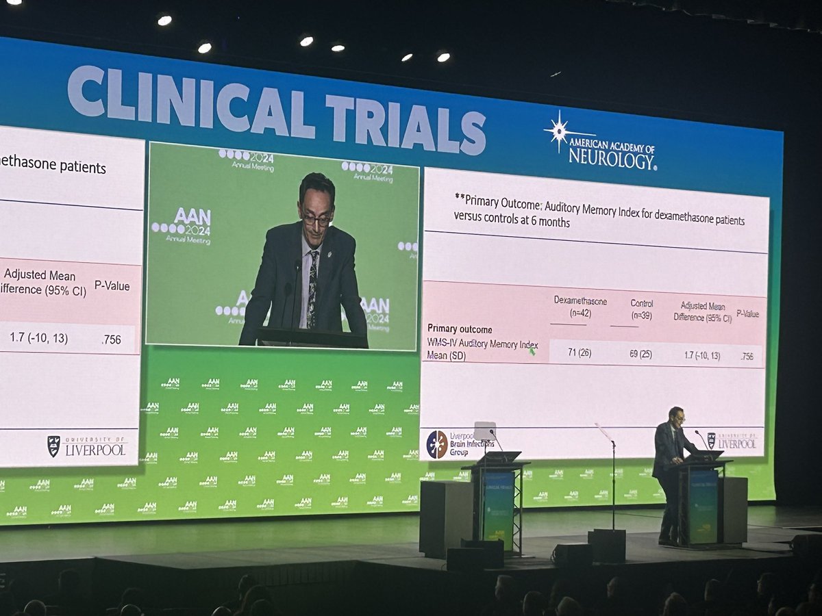 Does dexamethasone improve verbal memory outcomes in herpes encephalitis? Answer: No. But no signal for harm either. A great example of good science, persistence, and the importance of reporting negative trials. And @RunningMadProf is an amazing speaker! #AANAM