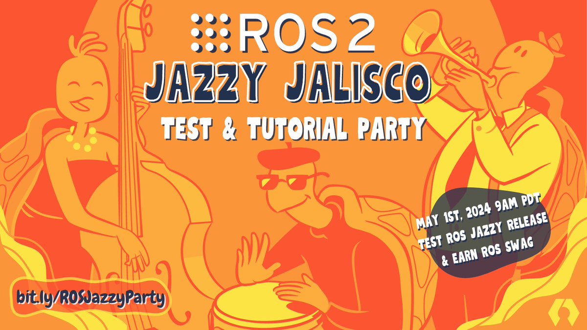 🚨 We need your help!🚨 We're gearing up for the ROS 2 Jazzy Jalisco release on May 23rd and we need the #ROS community to put Jazzy through its paces! Join our Testing and Tutorial Party on May 1st, 2024! Help us find those pesky bugs and earn ROS swag.