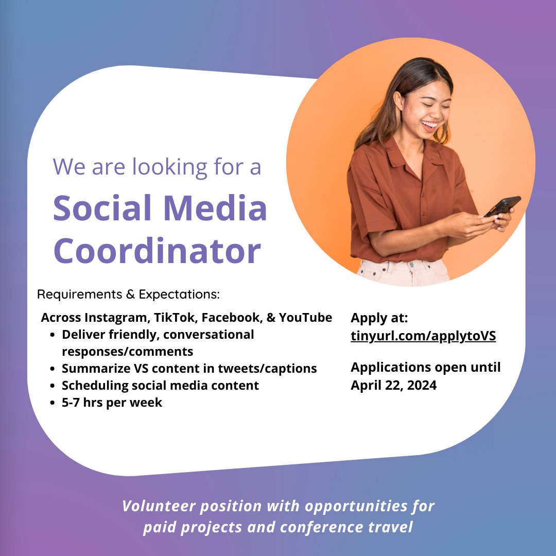 Are you a social media afficianado? We're recruiting a volunteer to help generate posts based on our articles/videos and respond to comments from the community! This position also offers opportunities for paid gigs and conference travel. Learn more/apply: tinyurl.com/applytovs