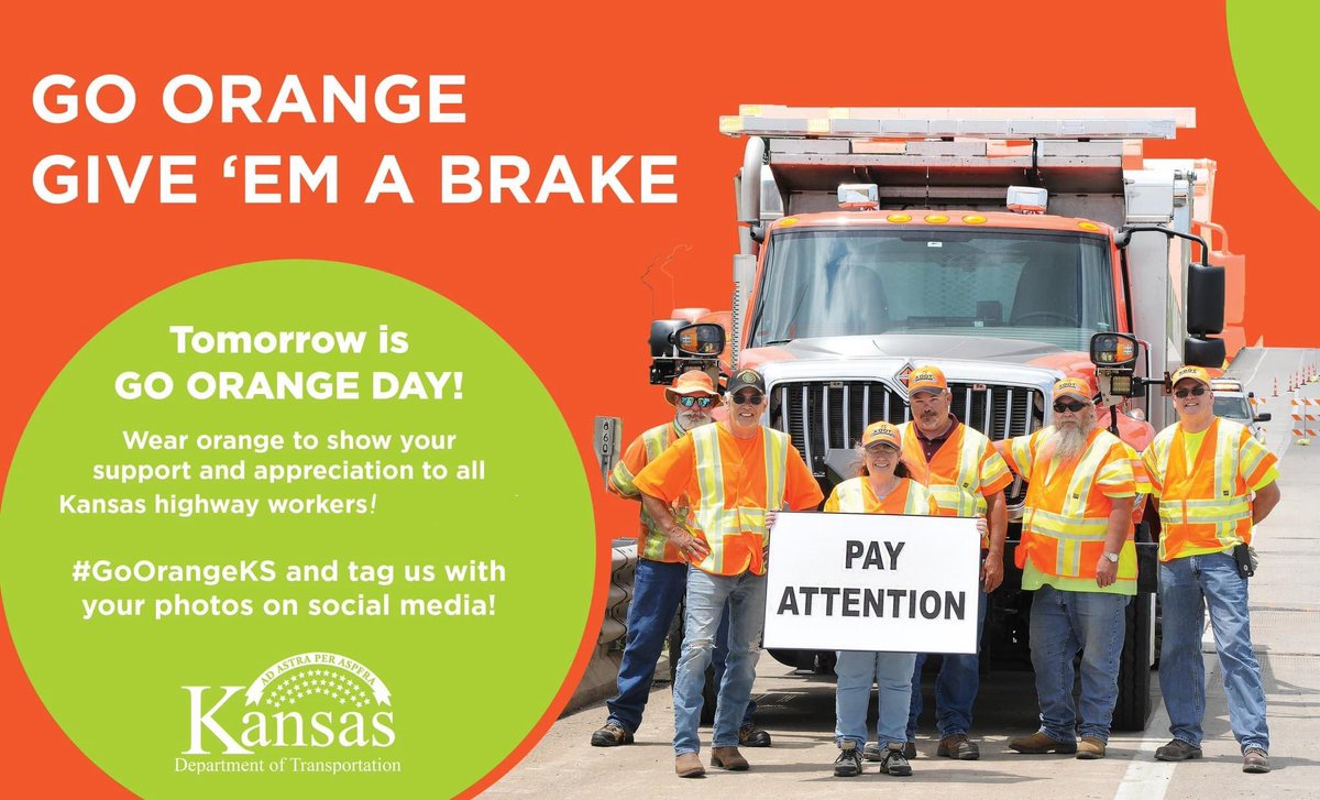 KDOTHQ's tweet photo. HEY KANSAS!
Tomorrow is #goOrangeDay! Show your support for Highway workers and wear orange! Tag us in your photo by using #GoOrangeKs #NWZAW #KANSASTSC https://t.co/auhpF8oTrR