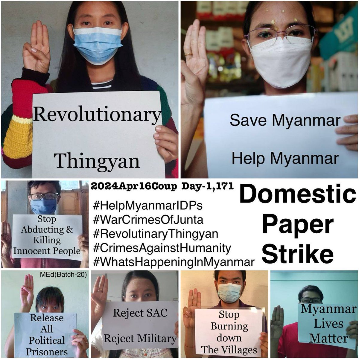 Daily anti-coup revolutionary domestic strike by pro-democracy CDMer teachers from Sagaing University of Education as 1,171st day. #2024Apr16Coup #AgainstConscriptionLaw #WhatsHappeningInMyanmar