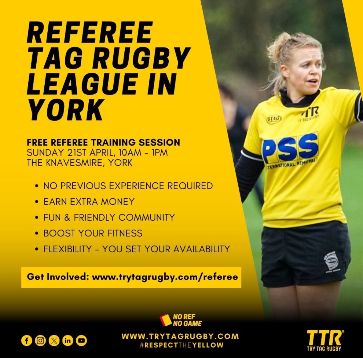 RFL Referees (@rflreferees) on Twitter photo 🏈Try Tag Rugby is recruiting referees for new leagues in Newcastle and York!
🏃♀️🏃♂️All experience levels welcome. Free training:
📆Newcastle, Sat 13th April
📆York, Sun 21st April
📲Sign up: trytagrugby.com/referee/
👉Interested, but can't attend? Email referee@trytagrugby.com 🏈Try Tag Rugby is recruiting referees for new leagues in Newcastle and York!
🏃♀️🏃♂️All experience levels welcome. Free training:
📆Newcastle, Sat 13th April
📆York, Sun 21st April
📲Sign up: trytagrugby.com/referee/
👉Interested, but can't attend? Email referee@trytagrugby.com