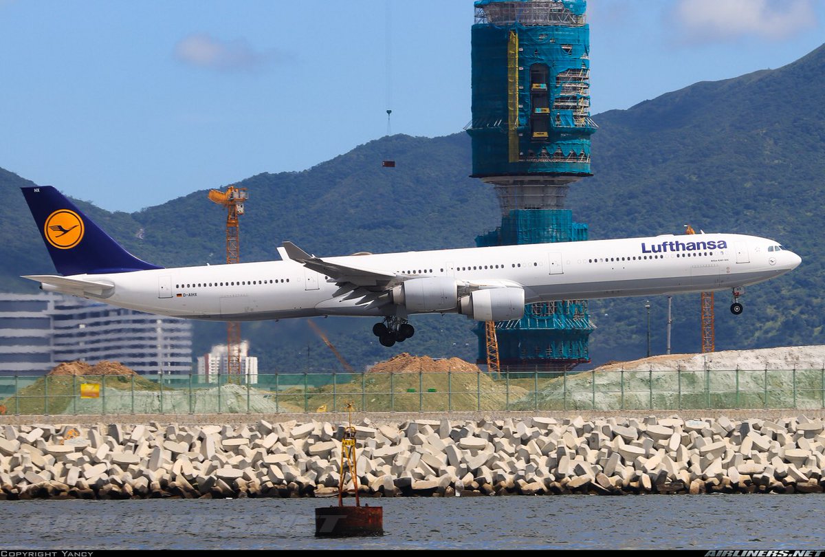 A Lufthansa A340-600 seen here in this photo at Hong Kong Airport in July 2023 #avgeeks 📷- Yancy