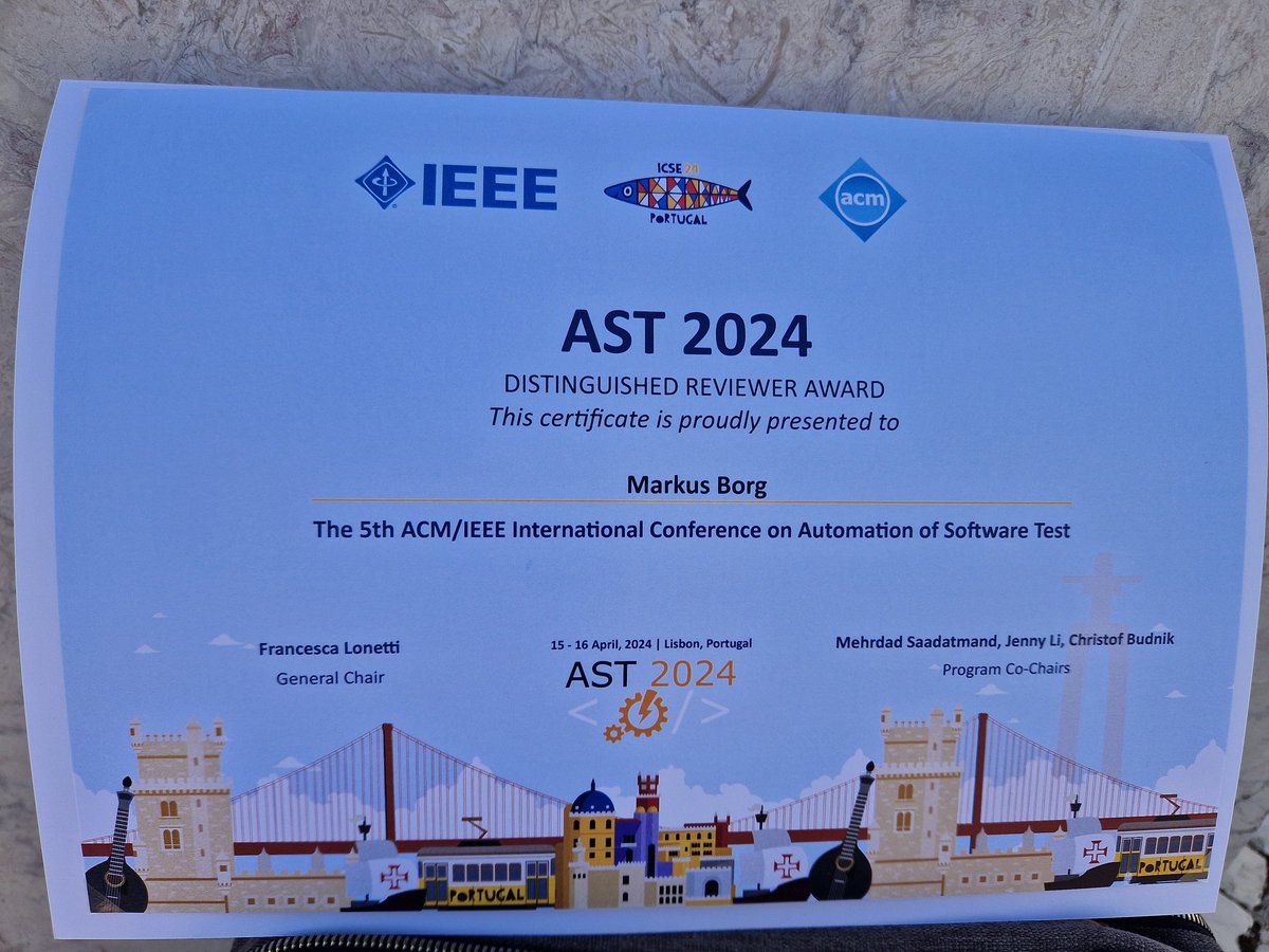 mrksbrg's tweet photo. My thanks go to the authors for writing understandable papers! 🥳 Ended the day with a distinguished reviewer award @ASTConference #ast24 @ICSEconf https://t.co/nzE01guR5W
