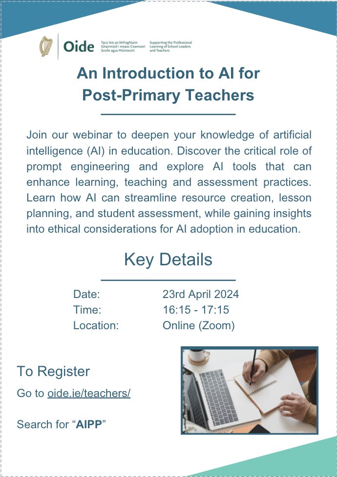 We're hosting an AI webinar! 'An Introduction to AI for Post-Primary Teachers'. April 23rd at 16:15. Register now: oide.ie/teachers/ and search for AIPP. #edchatie #AI #AIinEd