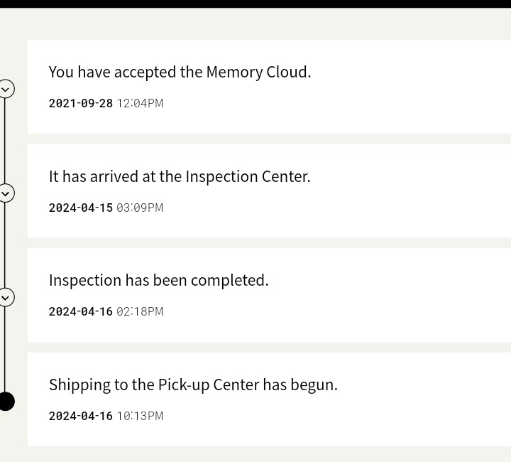 So what I noticed:
_Accepting the memory cloud was in 12:04 pm which gave Jin's birthday date 
_ arriving at the inspection center was in 03:09 pm which gave Yoongi's birthday date
_Inspection has been completed was in 02:18 pm which gave hobi's birthday date +