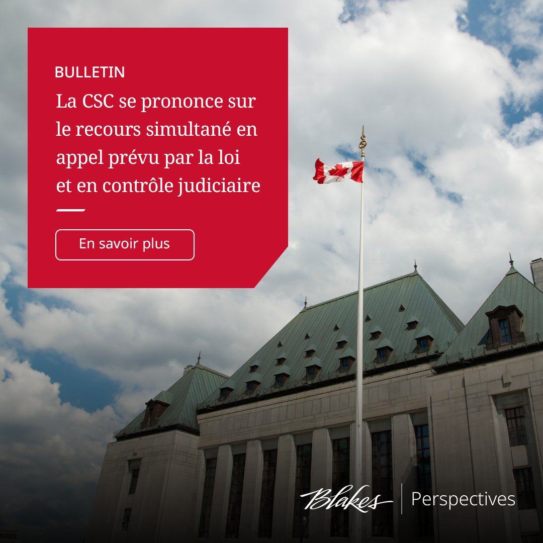 BlakesDroit's tweet image. La @CSC_fra précise que l’existence d’un droit d’appel limité n’exclut pas, à elle seule, la possibilité de présenter une demande de pourvoi en contrôle judiciaire pour les questions qui ne sont pas visées par celle-ci. Apprenez-en plus : bit.ly/3xyuHpu
#Litige