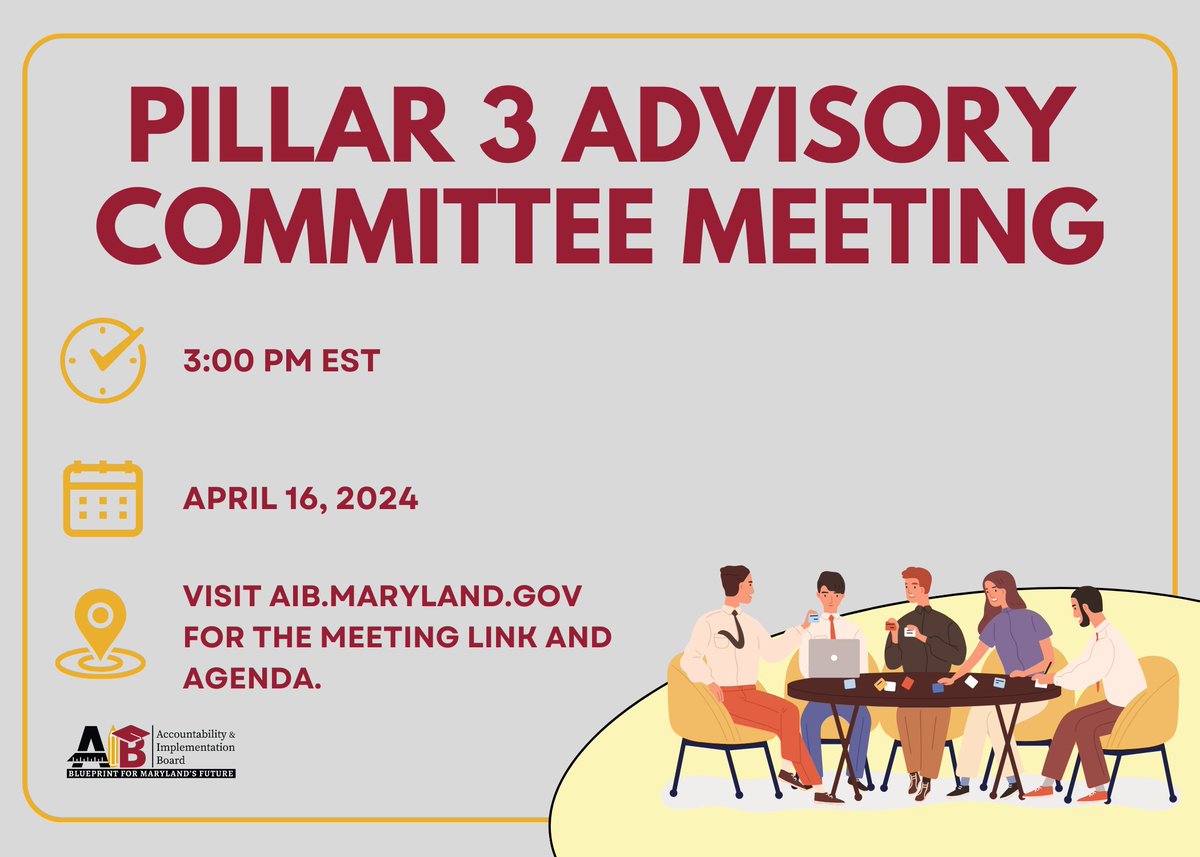 The Pillar 3 Advisory Committee will meet today at 3 pm to discuss important updates regarding college and career readiness implementation plans under the #Blueprint4MD. A livestream of the meeting can be found here: aib.maryland.gov/Pages/meetingc… #CollegeReadiness #CareerReadiness