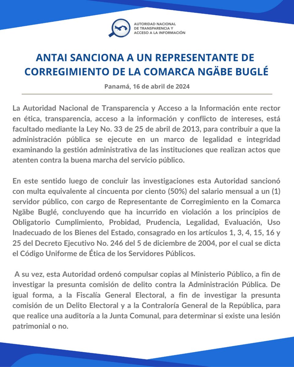 ANTAI impone sanción en contra de un Representante de Corregimiento.