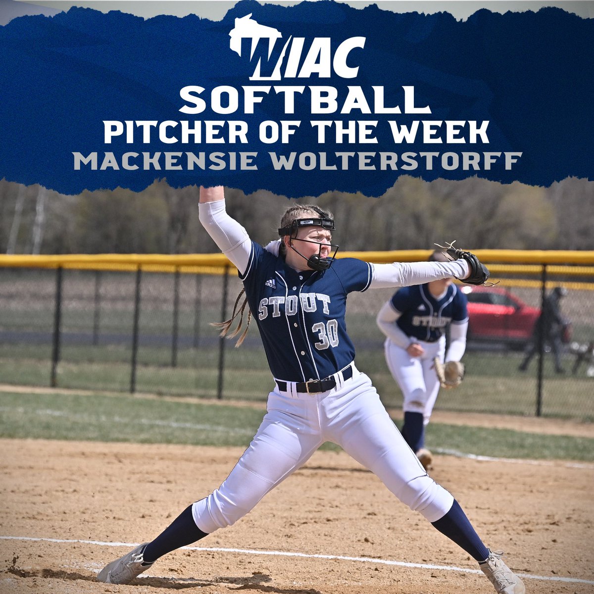 Congratulations to senior pitcher Mackensie Wolterstorff for winning WIAC pitcher of the week! Mack threw 23.2 innings last week giving up 5 earned runs while striking out 18, and earning 2 wins, including a big complete game 2-1 victory over #15 Whitewater! #RollDevs #HTR