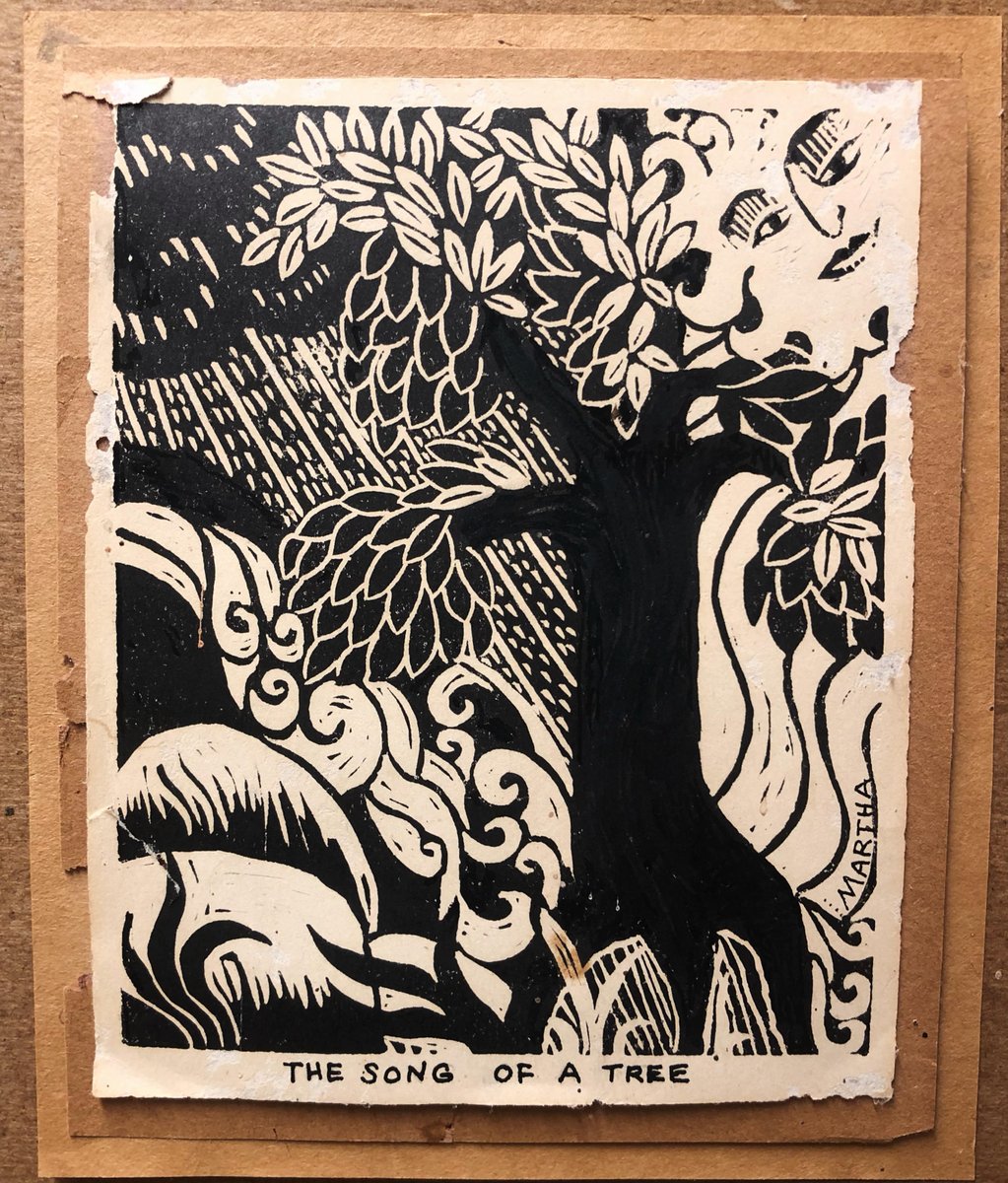'The Song of a Tree' artwork by Martha Shaw on display in our library's Robert Swann Special Collection. Caption: 'Happy Birthday to Robert Swann - Friend of the Trees (1981). Read about our co-founder's long pursuit of a just, regenerative economics. centerforneweconomics.org/envision/legac…