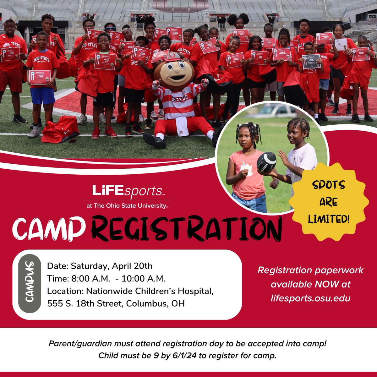 REMINDER: Registration is now LIVE for the 2024 LiFEsports Summer Camp at Ohio State! Head to the website below to fill out your registration paperwork, and make sure to be in attendance this Saturday, April 20th for Registration Day! bit.ly/3TJ3xnf