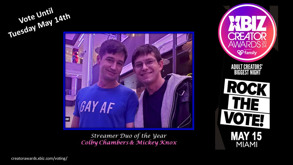 konagrl4554's tweet photo. 🌟XBIZ Voting is open!! 🌟
Time to vote for XBIZ Nominee Finalists @ColbyChambersXX and @MickeyKnox_xxx for 2024 XBIZ Streamer Duo of the Year
🌹 Congrats on the Nom guys 🌹
#CKFam show the love and vote❤️
🌟 VOTE UNTIL TUESAY MAY 14TH 🌟
https://t.co/JQ6DnQQgK1 https://t.co/7EtPOzlO2F