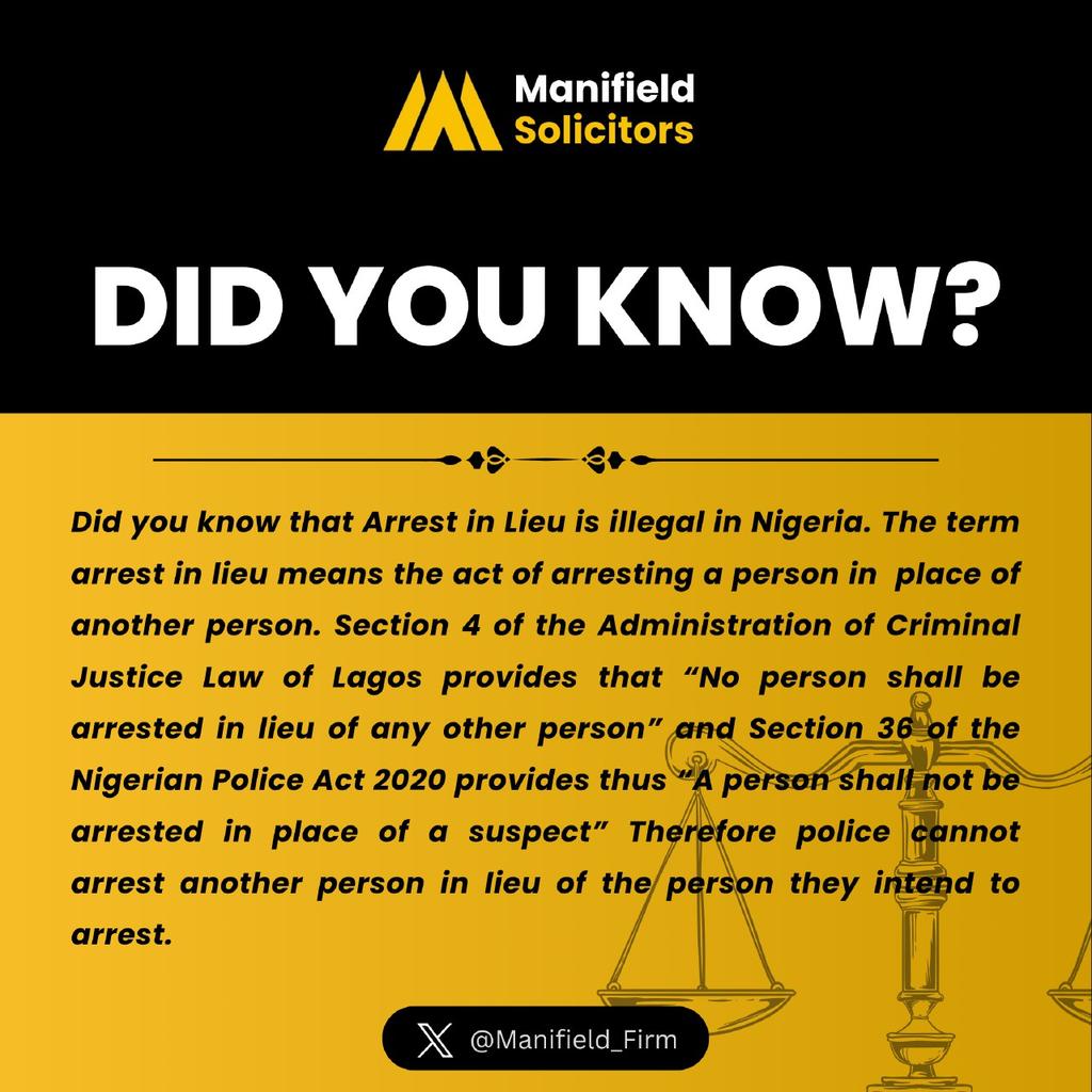 Did you know? Arrest in lieu is illegal in Nigeria. Learn more about this important legal principle and its implications. Join the conversation and share your thoughts on this topic!

#ArrestInLieNigeria #LegalFacts #NigeriaLaw #ManifieldSolicitors #LegalRights #PoliceArrests