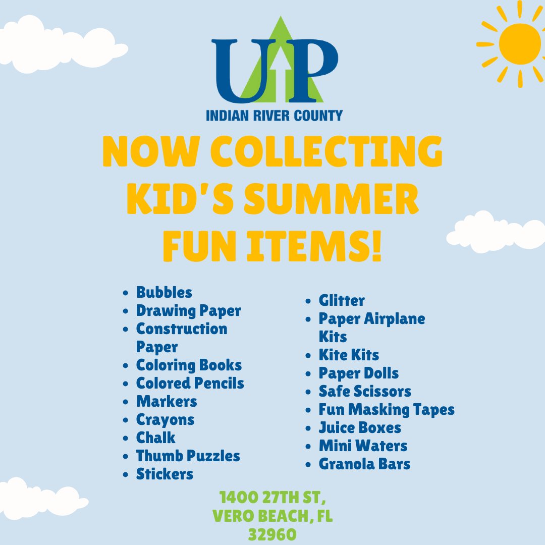 We are collecting kid's summer fun items! 🌞 Help us make this summer a memorable one for the kid's by bringing any of the listed items to UP Indian River County! #unitedagainstpoverty #family #verobeachflorida #nonprofit #treasurecoast #community #volunteer #giveback
