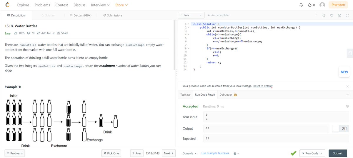 #Day5 : Mastered the water bottle exchange challenge, honing my skills in mathematical operations and problem-solving. Each challenge brings new learning opportunities! 💧#100DaysOfCod #100DaysOfCod #100DaysOfCode #MathematicalOperations #ProblemSolving #CodingChallenge #code