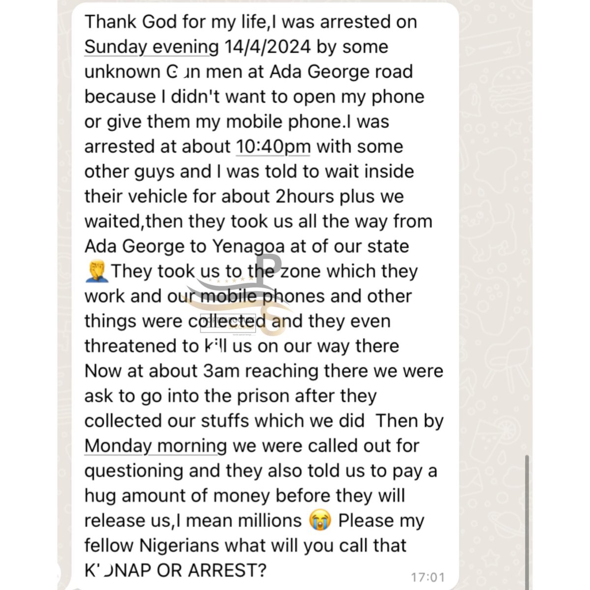 Man shares how he was picked up by men on black at Ada George and was taken to Yenegoa to be detained