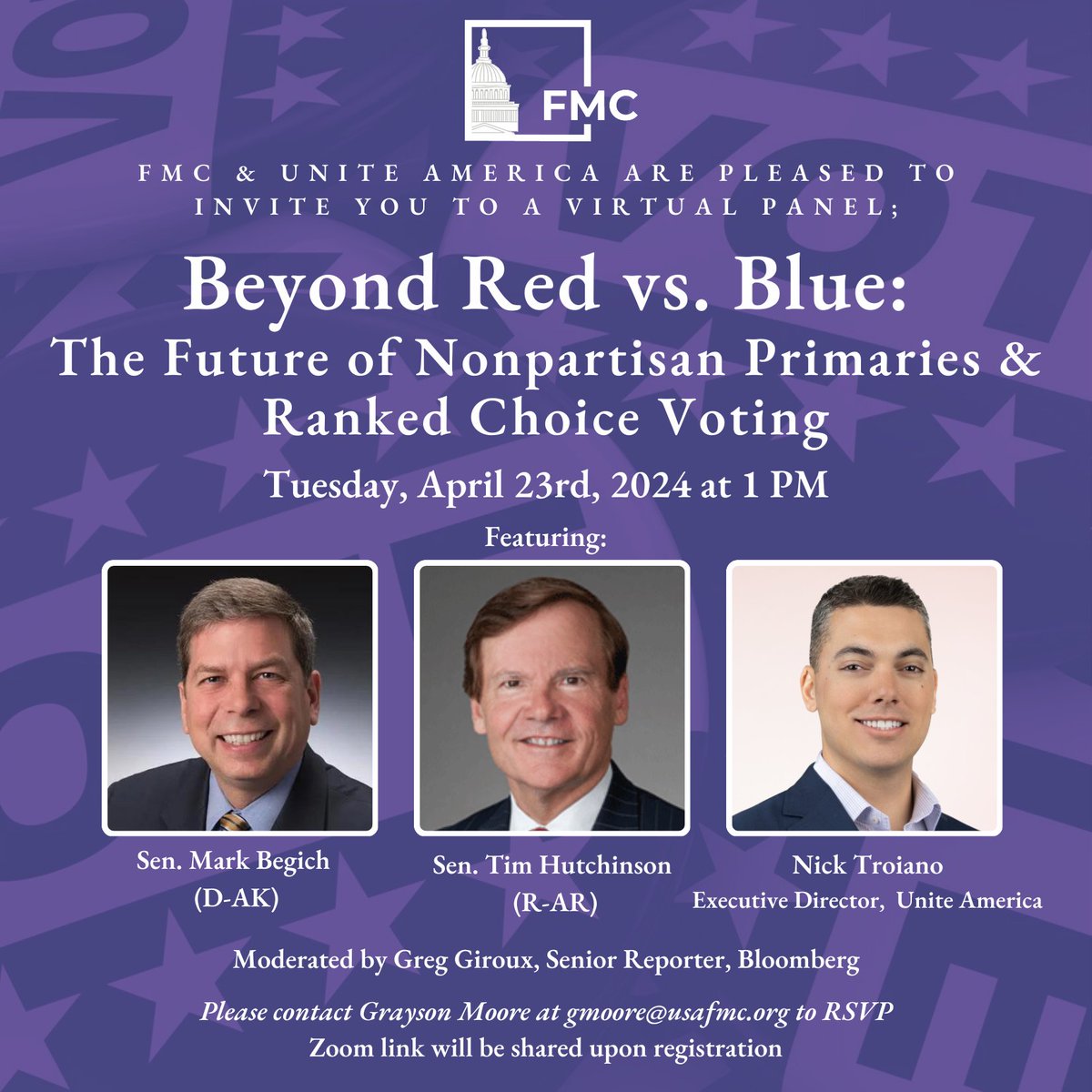 Join us next Tuesday at 1 PM ET for our panel on nonpartisan primaries and ranked choice voting! The discussion will be moderated by @greggiroux and feature Senator @MarkBegich (D-AK), Senator Tim Hutchinson (R-AR), and @uniteamerica's @NickTroiano. bit.ly/3Q4lufc