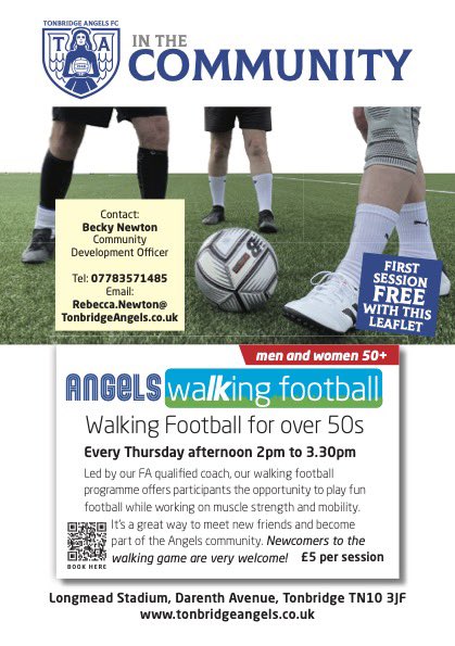 𝗔𝗡𝗚𝗘𝗟𝗦 𝗪𝗔𝗟𝗞𝗜𝗡𝗚 𝗙𝗢𝗢𝗧𝗕𝗔𝗟𝗟 Walking Football for the over-50’s. Led by our FA qualified coach, have a bit of fun whilst working on muscle strength and mobility. 𝗡𝗲𝘄𝗰𝗼𝗺𝗲𝗿𝘀 𝗮𝗹𝘄𝗮𝘆𝘀 𝘄𝗲𝗹𝗰𝗼𝗺𝗲. £5 per session using the link tonbridge-angels.classforkids.io