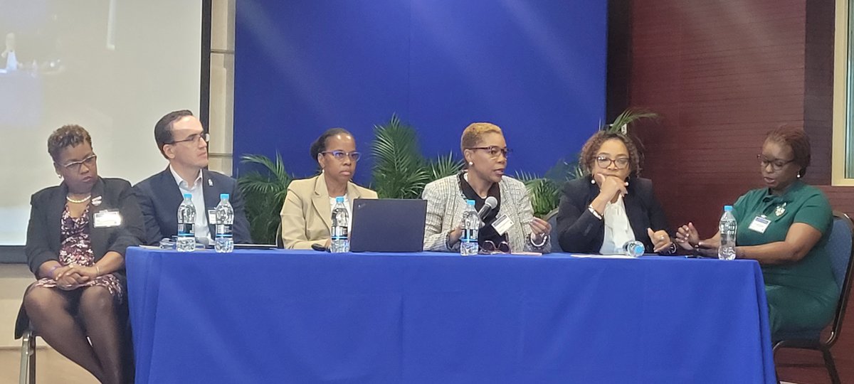 Panelists (l-r) Nicole Dawkins-Wright, Cedric Van Meerbeeck, Karen Webster-Kerr, Karen Polson, Jill De Bourg and Faith B. Yisrael are discussing their perspectives on excessive heat and its impacts on health, at a #PREPARE workshop, hosted by MetServiceJA in Kingston.