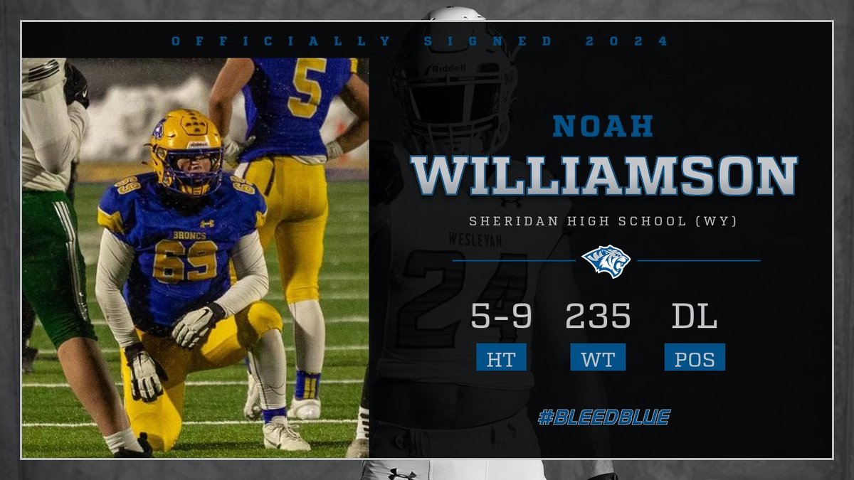DWU Football (@dwtigerfootball) on Twitter photo Starting of the day in the great state of Wyoming!
<a href="/Noah_Williamso/">Noah Williamson</a> was a dual sport athlete in high school, competing in both football and track. He helped his team to 3 state titles while earning All-State and 1st Team All-Conference Honors!
#bleedblue
#RollTige Starting of the day in the great state of Wyoming!
<a href="/Noah_Williamso/">Noah Williamson</a> was a dual sport athlete in high school, competing in both football and track. He helped his team to 3 state titles while earning All-State and 1st Team All-Conference Honors!
#bleedblue
#RollTige