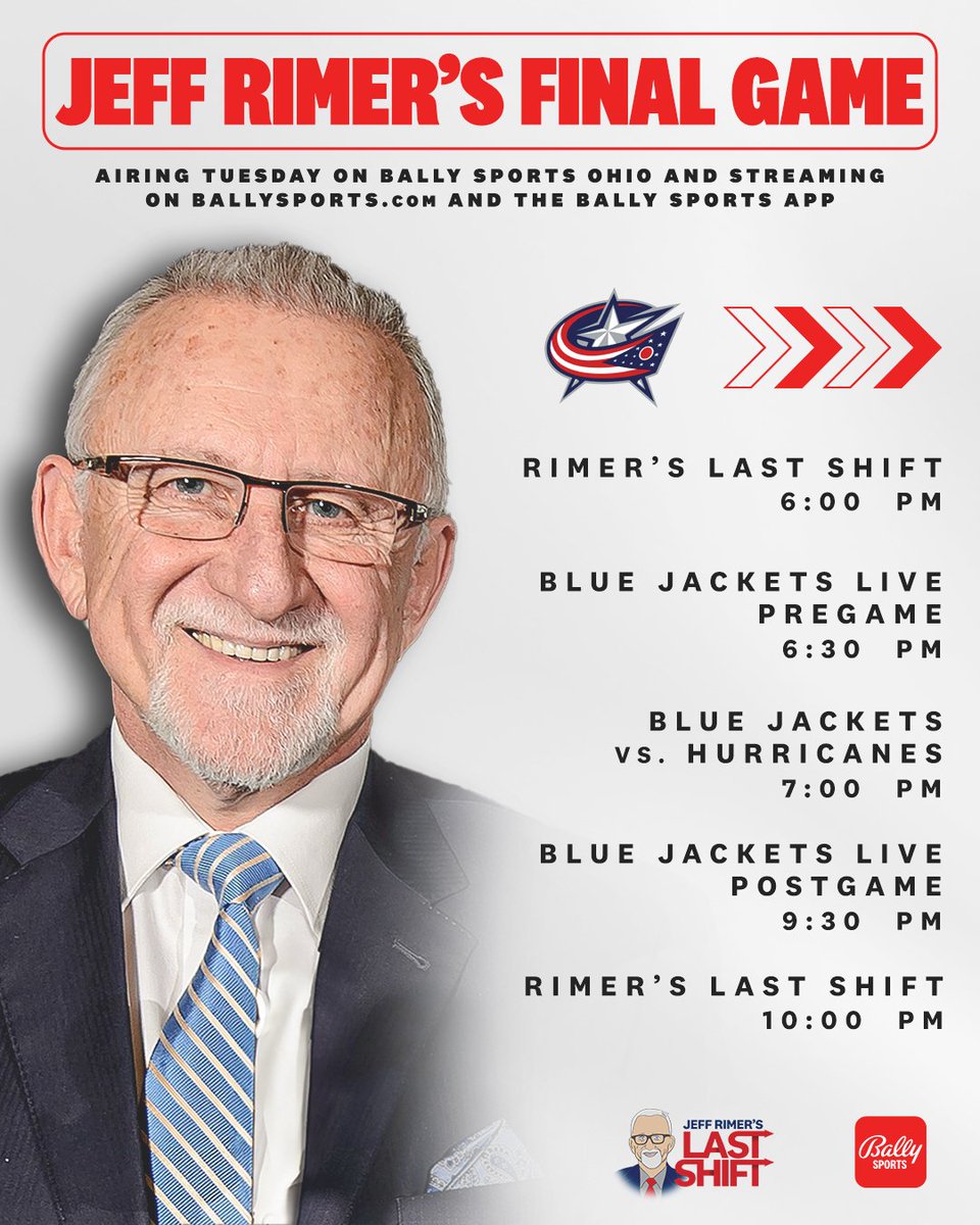 Tonight is Jeff Rimer's final game as the television voice of the @BlueJacketsNHL. Before our #CBJ Live pregame coverage, join us at 6:00 for 'Rimer's Last Shift,' a special look back on Jeff's illustrious career behind the mic. 🎙️ More details: t.ly/s0-io