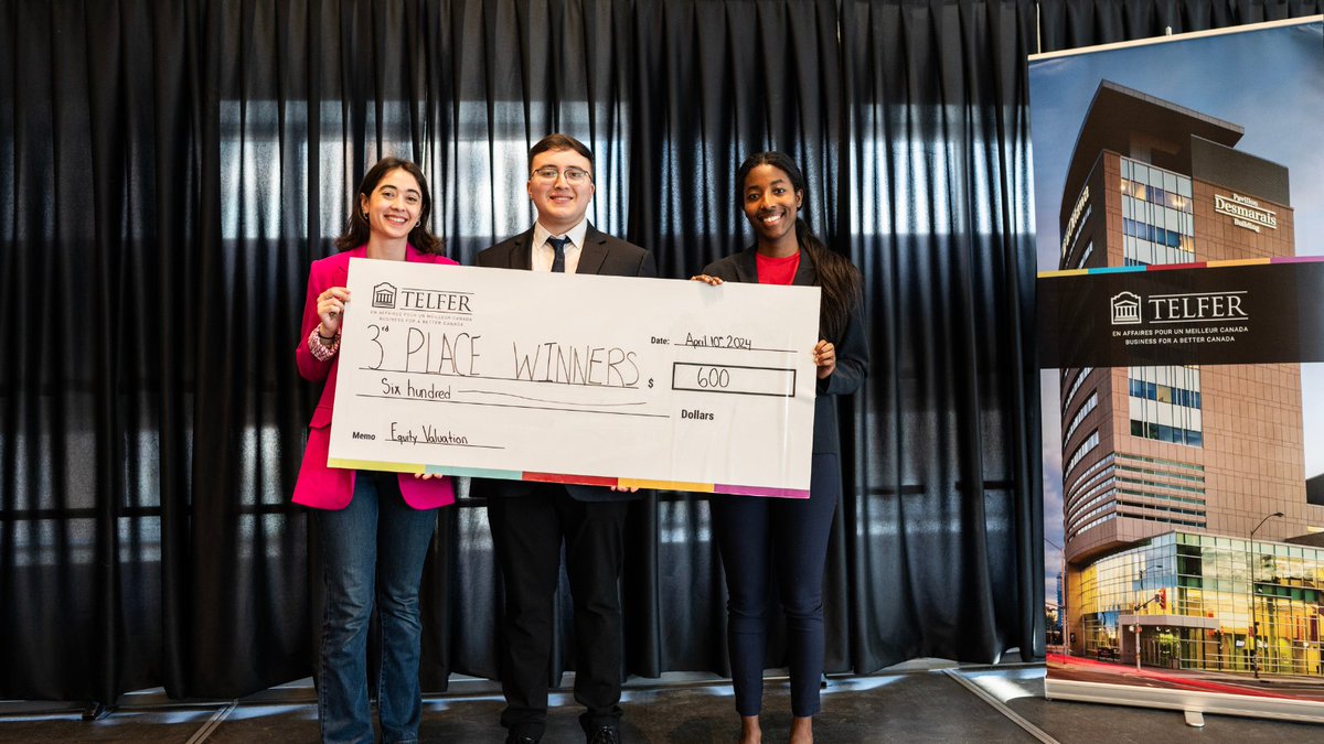 Congratulations to the winners of this year’s Finance capstone competition in Equity Valuation - ADM 4350: James Ferguson, Patricia Le, and Malcolm Would! 🏆 The team prepared a financial plan for the @MagnaInt. 👏