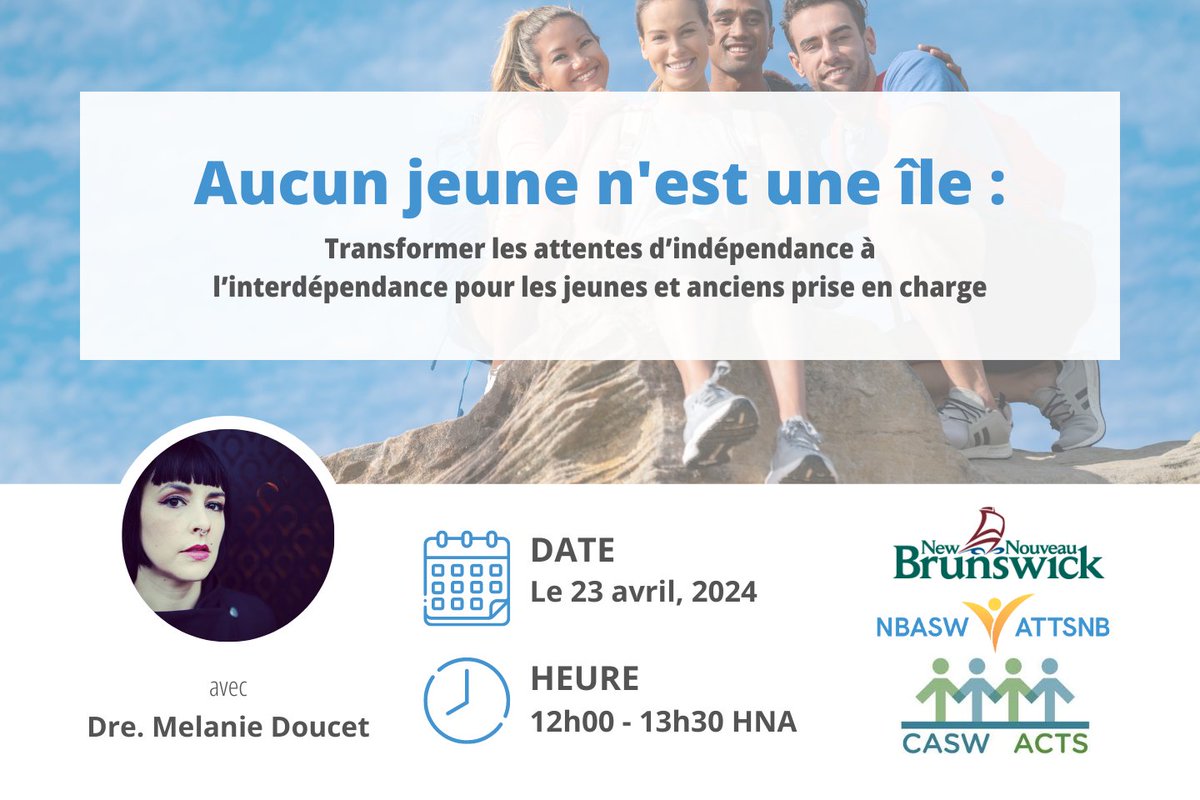 J'anime un webinaire en français le 23 avril midi HA (11h HE) avec @TravSocNB Inscrivez-vous ici : lnkd.in/eB2rV2Fw Ouverte à toustes! Sélectionner l'option 'autre' dans le formulaire d'inscription #dpj #SoutenirJeunesPlacés #interdépendance #travailsocial