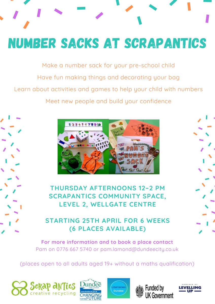 ScrapAntics are hosting a new activity as part of ScrapThursdays sessions… You can create ‘numbersacks’ with Pam - your own personally designed bags which can be used to help introduce your children to numbers. See the poster for more details Big thanks @DundeeCityCouncil