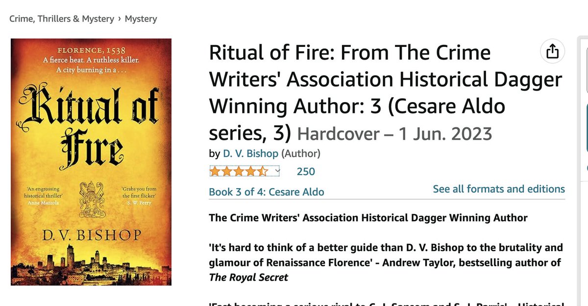 Delighted that my historical thriller #RitualOfFire has hit 250 reviews & ratings! #CesareAldo #RenaissanceFlorence #LGBTQfiction