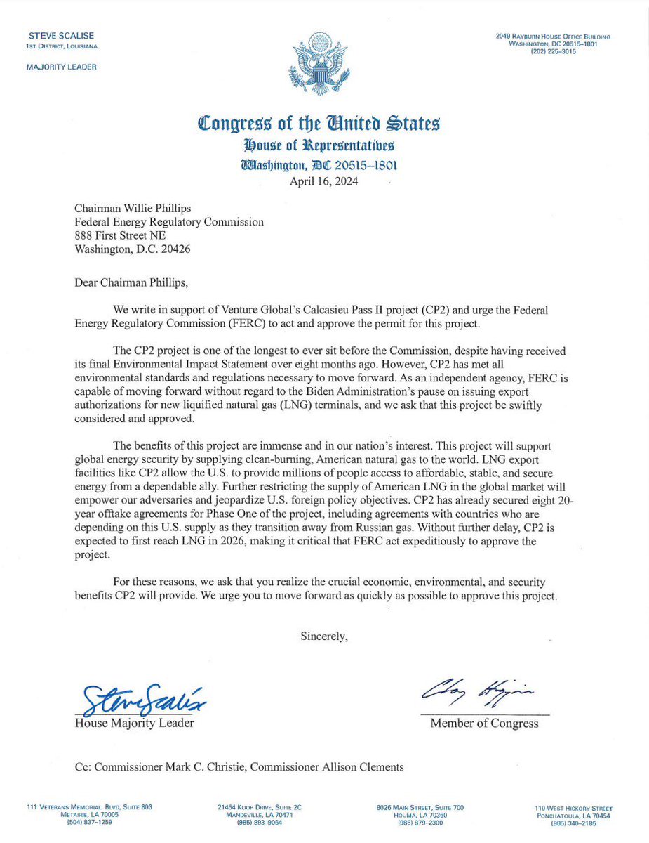 U.S. House of Representatives Majority Leader Steve Scalise (R-Louisiana) wrote a letter asking FERC to approve the permit for Venture Global's CP2 LNG export project   PDF copy at is.gd/2xjBYo   #LNG #ONGT #NatGas #Shale #OOTT #Houston #SWLA #Louisiana