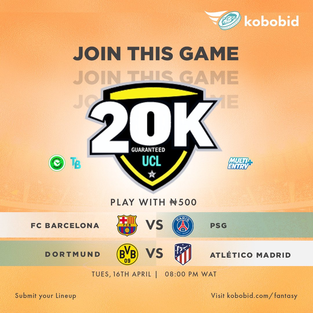 It’s almost GAME TIME! Go to kobobid.com/fantasy now to submit your lineup on this tournament and stand a chance to win up to N20,000.