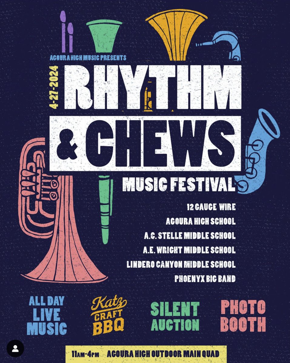 AgouraHS's tweet photo. It’s almost here! Saturday April 27 from 11-4. The annual outdoor Rhythm &amp; Chews Music Festival on the AHS Main Quad! Please reach out to agourahighmusicboosters@gmail.com for more information.  #lvusdrocks #chargeOn @instagoura #music https://t.co/cbbqiNUZ7d