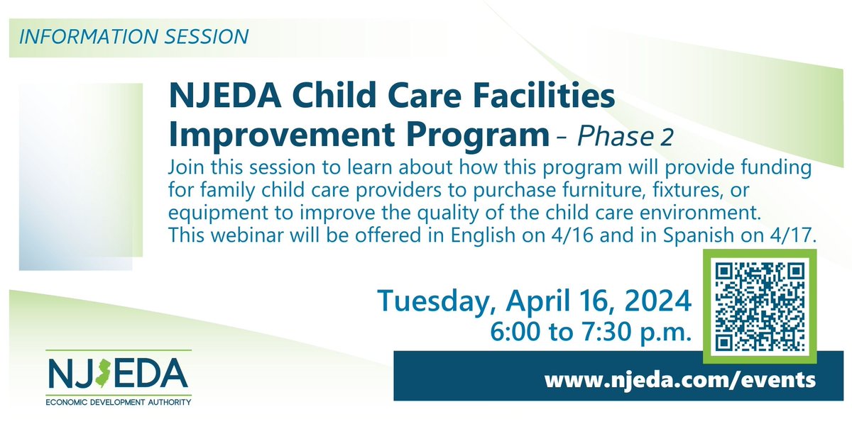 Phase 2 of the NJ Child Care Facilities Improvement Program is expected to launch later this year! The program provides grants to NJ family child care providers for facilities improvements. Learn more by joining our Webinar at 6PM tonight!: njeda.zoom.us/webinar/regist…