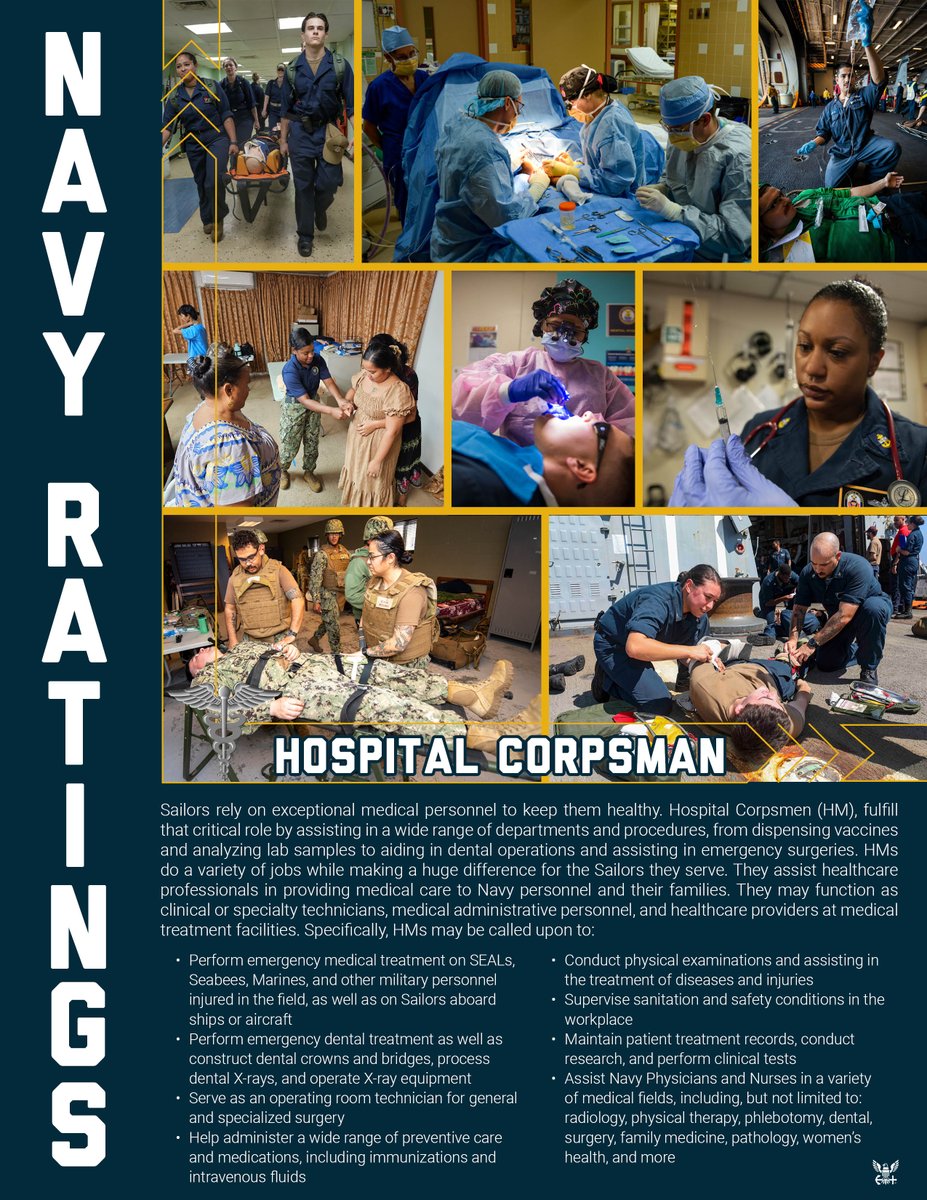 ⚕️ From ships to shores, Hospital Corpsmen are the Navy’s healing force. HMs are dedicated to restore the health of brave men and women who protect our nation! Thank you HMs for answering the call of duty, one patient at a time 💙🩺