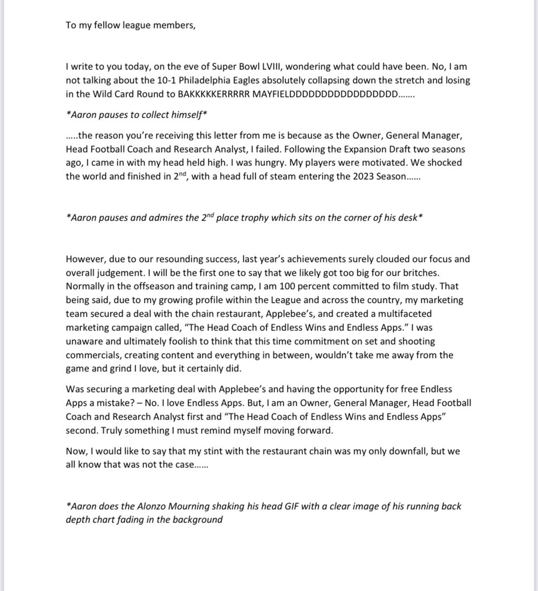 AaronLassin's tweet photo. I wrote this on February 10, 2024. 

Today, @Applebees announces that it is The Official Bar and Grill of the @NFL 

All I ask is that @Applebees pay it forward and send me a dining voucher at a location of my choice. 

Thank you. 

#TheHeadCoachOfEndlessWinsandEndlessApps https://t.co/T2QV6T6Uv8