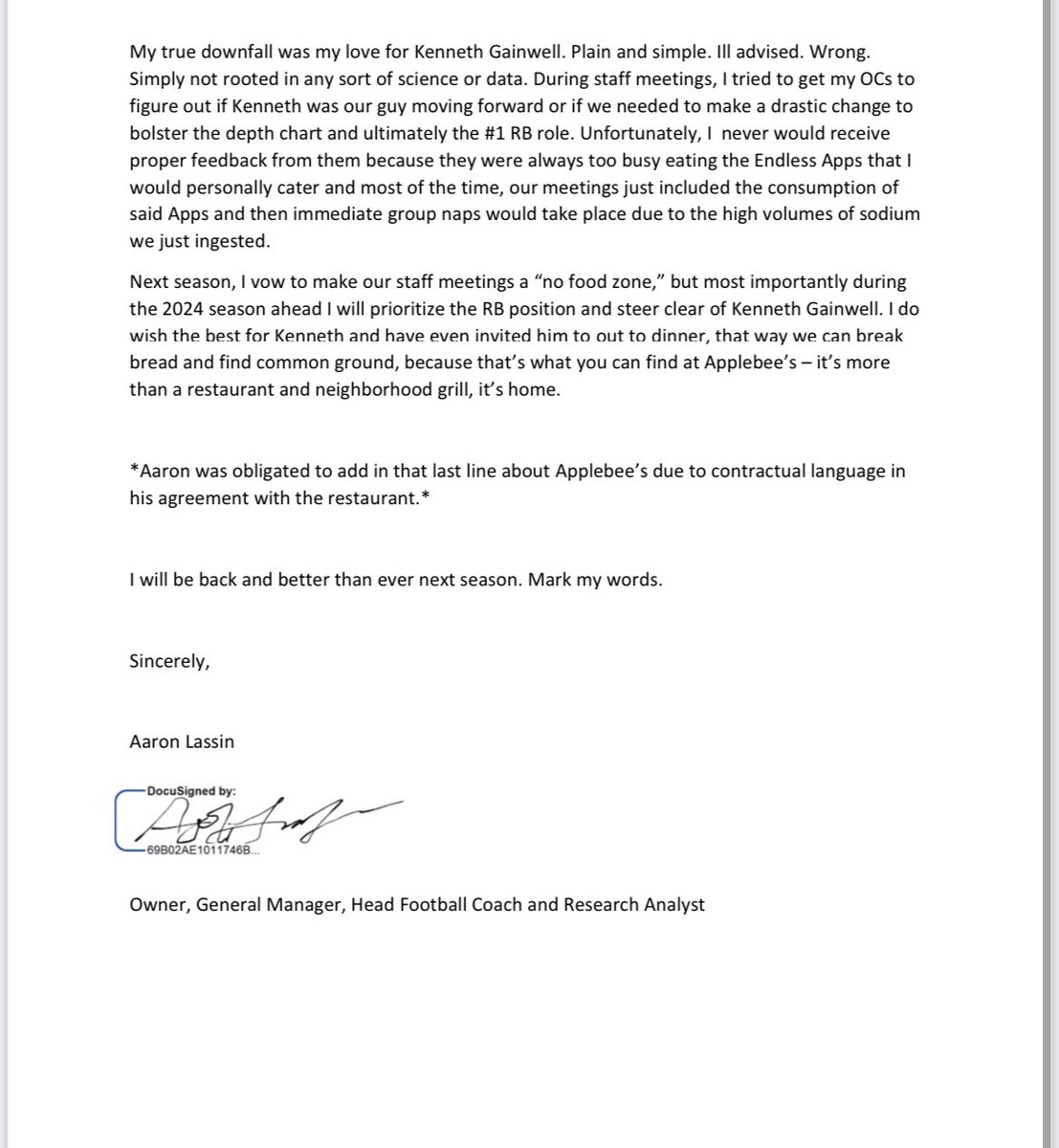 AaronLassin's tweet photo. I wrote this on February 10, 2024. 

Today, @Applebees announces that it is The Official Bar and Grill of the @NFL 

All I ask is that @Applebees pay it forward and send me a dining voucher at a location of my choice. 

Thank you. 

#TheHeadCoachOfEndlessWinsandEndlessApps https://t.co/T2QV6T6Uv8