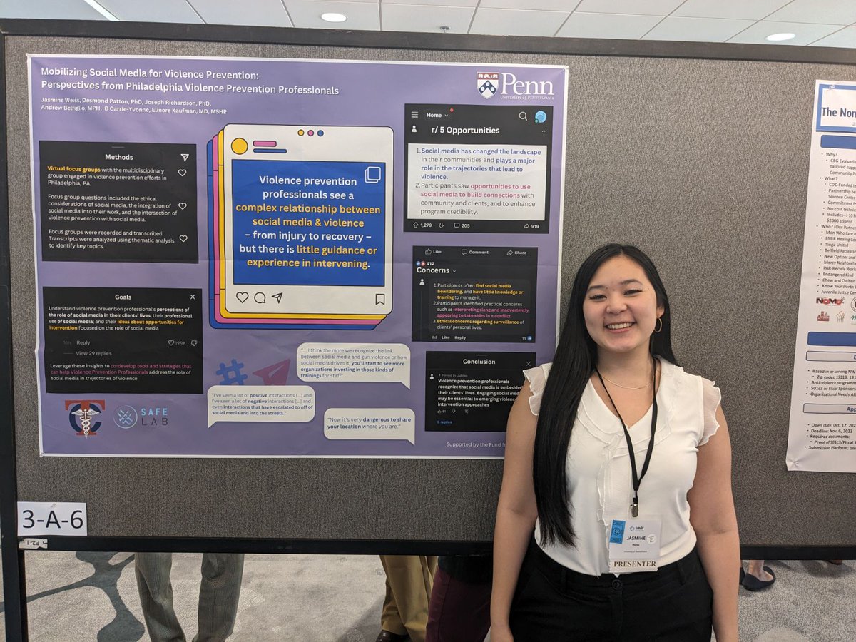 Shoutout to lab member & star, Jasmine, for presenting the 'Mobilizing Social Media for Violence Prevention' poster at the SAVIR conference! And a big thank you to our wonderful collaborators at @PennMedicine, @ElinoreJKaufman & others, who have helped bring this project to life!