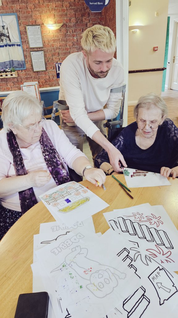 Yesterday's drawing session in a carehome. It was a little difficult getting around the table as I've recently injured my ankle (hence the crutches), but the residents were patient with me & we all had fun creating some exciting new illustrations!